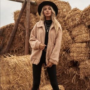 SHEIN Pocket Front Zip Up Teddy Jacket